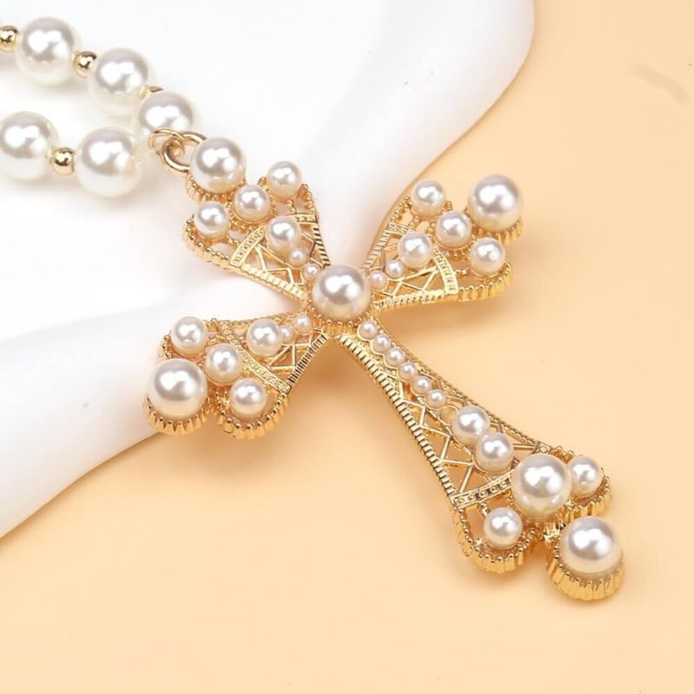 Women Punk Pearl Cross Necklace - Chunky Gothic Punk Vintage Cross Jewelry - Picture 5 of 8
